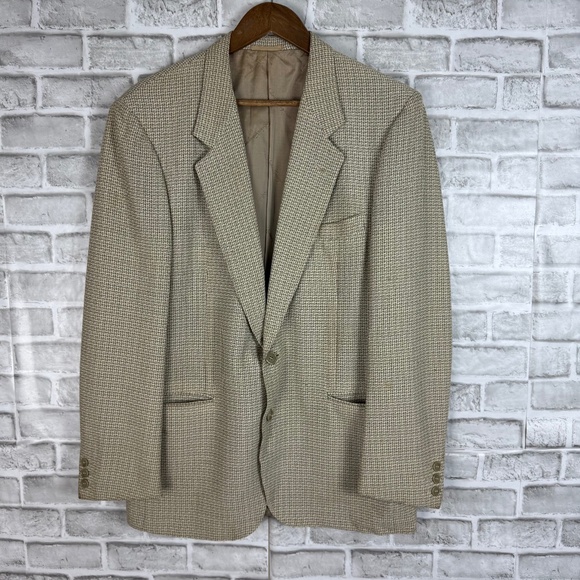 Salvatore Ferragamo VTG Bemberg Beige Tweed 2 Button Blazer Suit Jacket Mens 42R - Picture 1 of 12